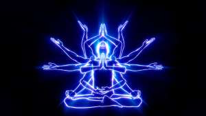 A blue light painting of a man in a pose, embodying the awakened human potential after kundalini awakening.