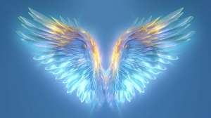 A blue and yellow angel wings on a blue background, infused with the serpent power.