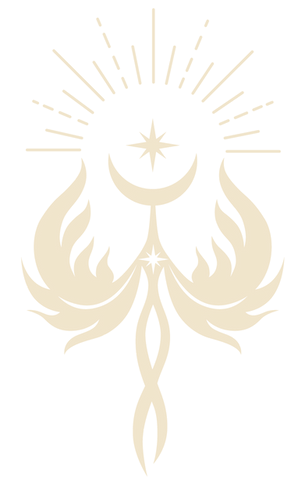 A stylized golden emblem representing spiritual awareness, featuring a crescent moon cradled abstract wings or leaves, with a radiant star above and ascending decorative lines suggesting power.