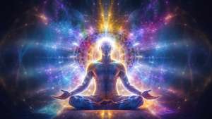 A person in a meditative pose with a radiant aura of colorful cosmic energy and geometric patterns surrounding them depicting benefits of Kundalini awakening.